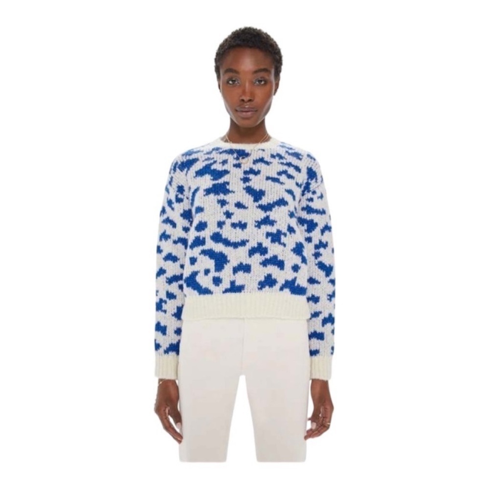 MOTHER Denim Alpaca Jumper Feline Friends Blue White Chunky Crop Sz L NEW